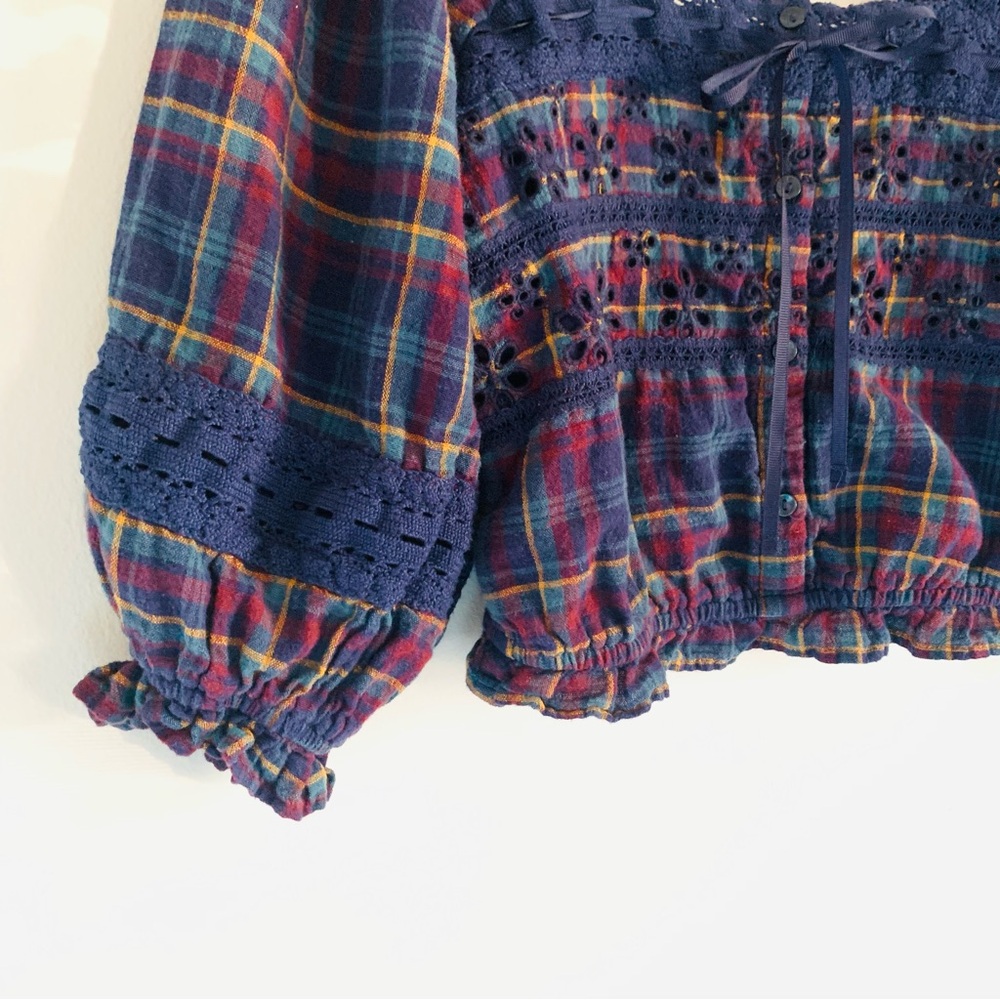 American Eagle Puff Sleeve Milk Maid Crop Top Blue Plaid Size XS Square Neckline - Picture 6 of 13